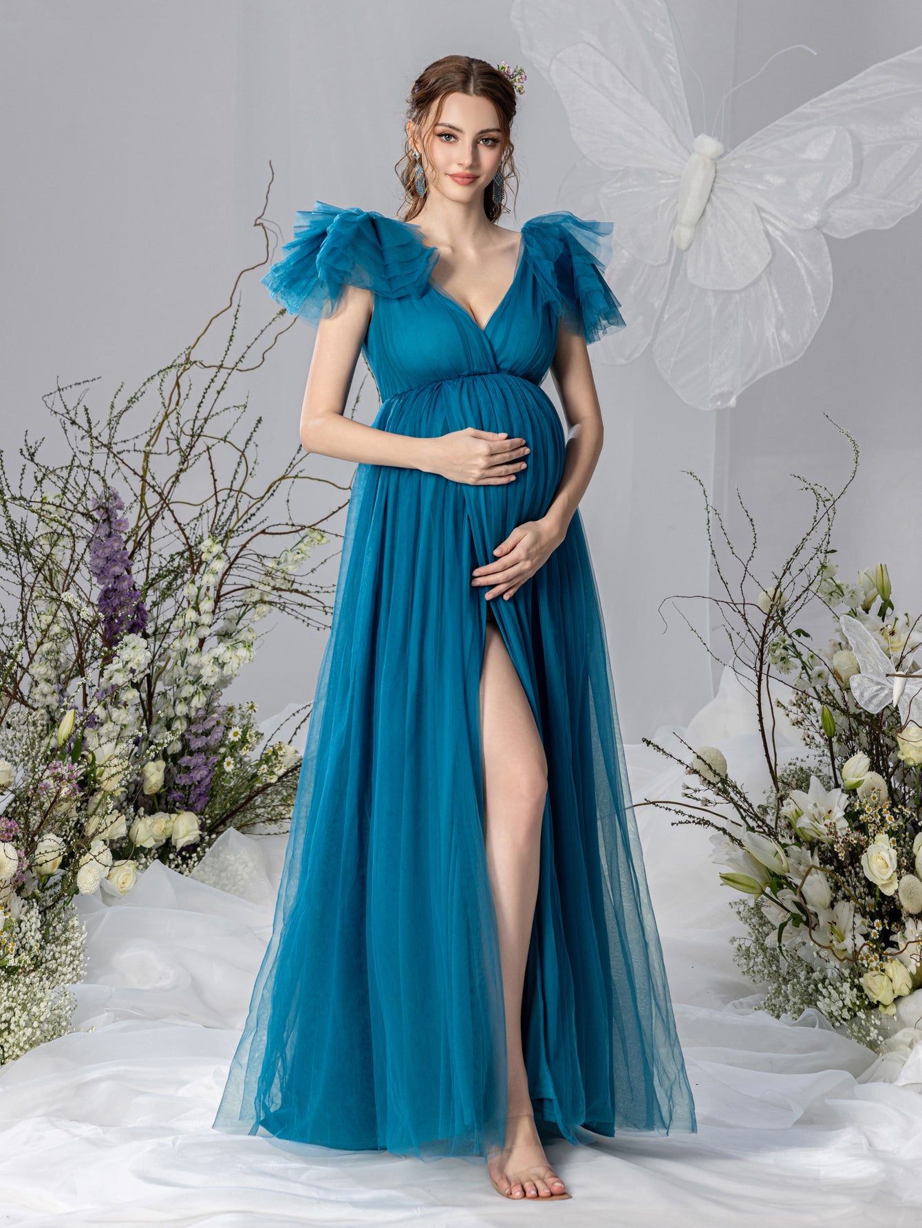 Maternity Plunging Neck Ruffle Sleeve Mesh Slit Dress Elonnashop Maternity Plunging Neck Ruffle Sleeve Mesh Slit Dress Elonnashop