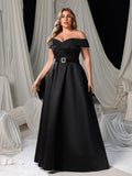 Plus Off Shoulder Buckle Belted Satin Ball Gown Evening Dress