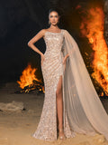 Elegant Sequin One-Shoulder Mermaid Gown with Square Neckline and Tulle Shawl