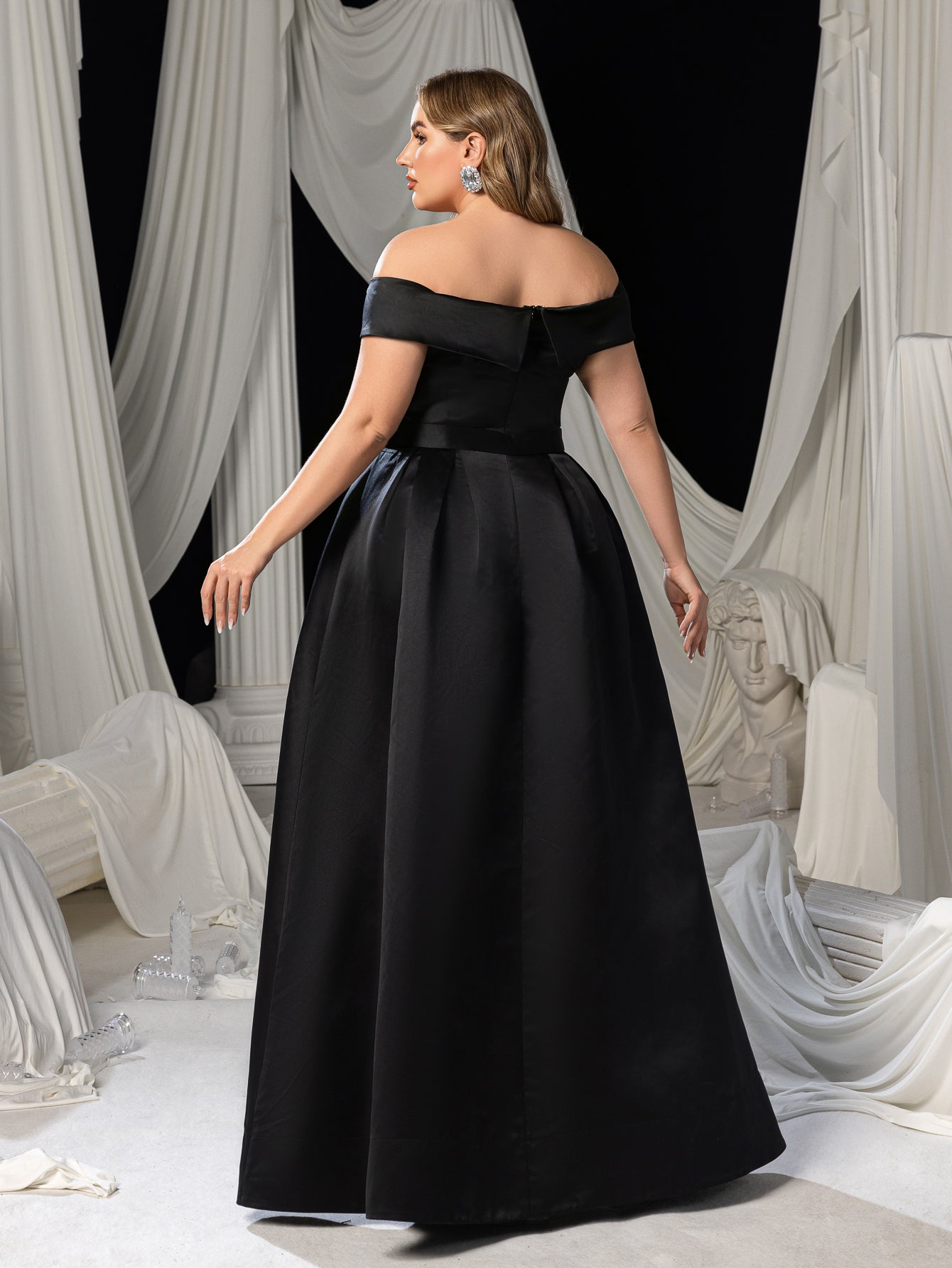 Plus Off Shoulder Buckle Belted Satin Ball Gown Evening Dress