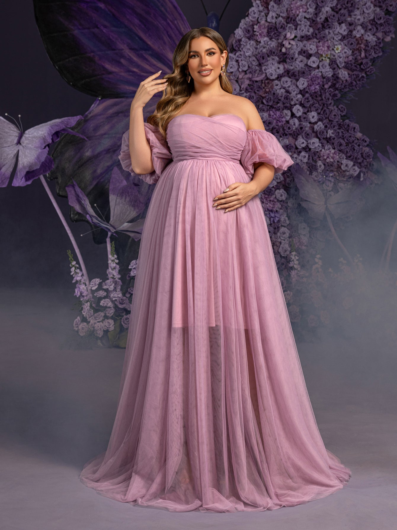 Plus Maternity Strapless Tulle Gown with Puffed Sleeves & Ruched Bodi Elonnashop Plus Maternity Strapless Tulle Gown with Puffed Sleeves & Ruched Bodi Elonnashop