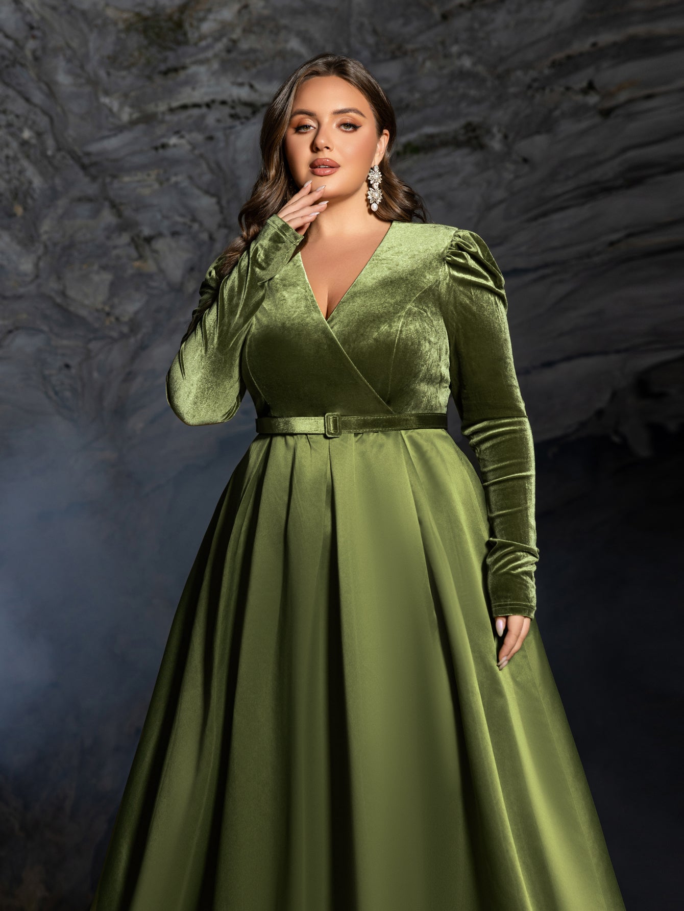 Plus V Neck Long Sleeve Belted Satin A Line Dress