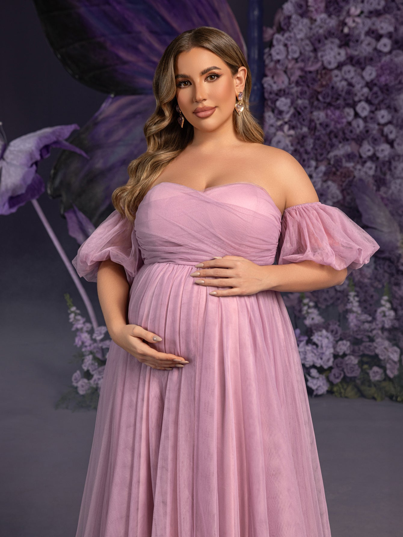 Plus Maternity Strapless Tulle Gown with Puffed Sleeves & Ruched Bodi – Elonnashop Plus Maternity Strapless Tulle Gown with Puffed Sleeves & Ruched Bodi – Elonnashop
