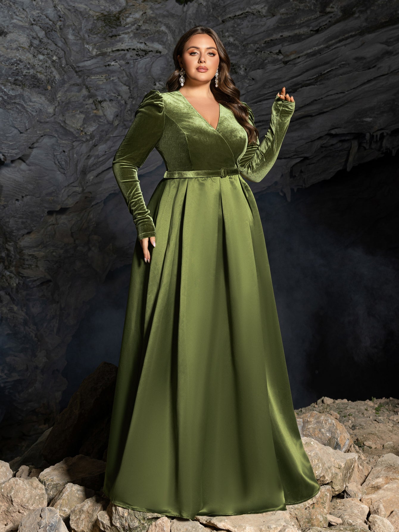 Plus V Neck Long Sleeve Belted Satin A Line Dress