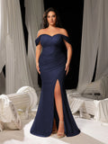 Plus Glitter Off Shoulder Split Mermaid Hem Evening Dress