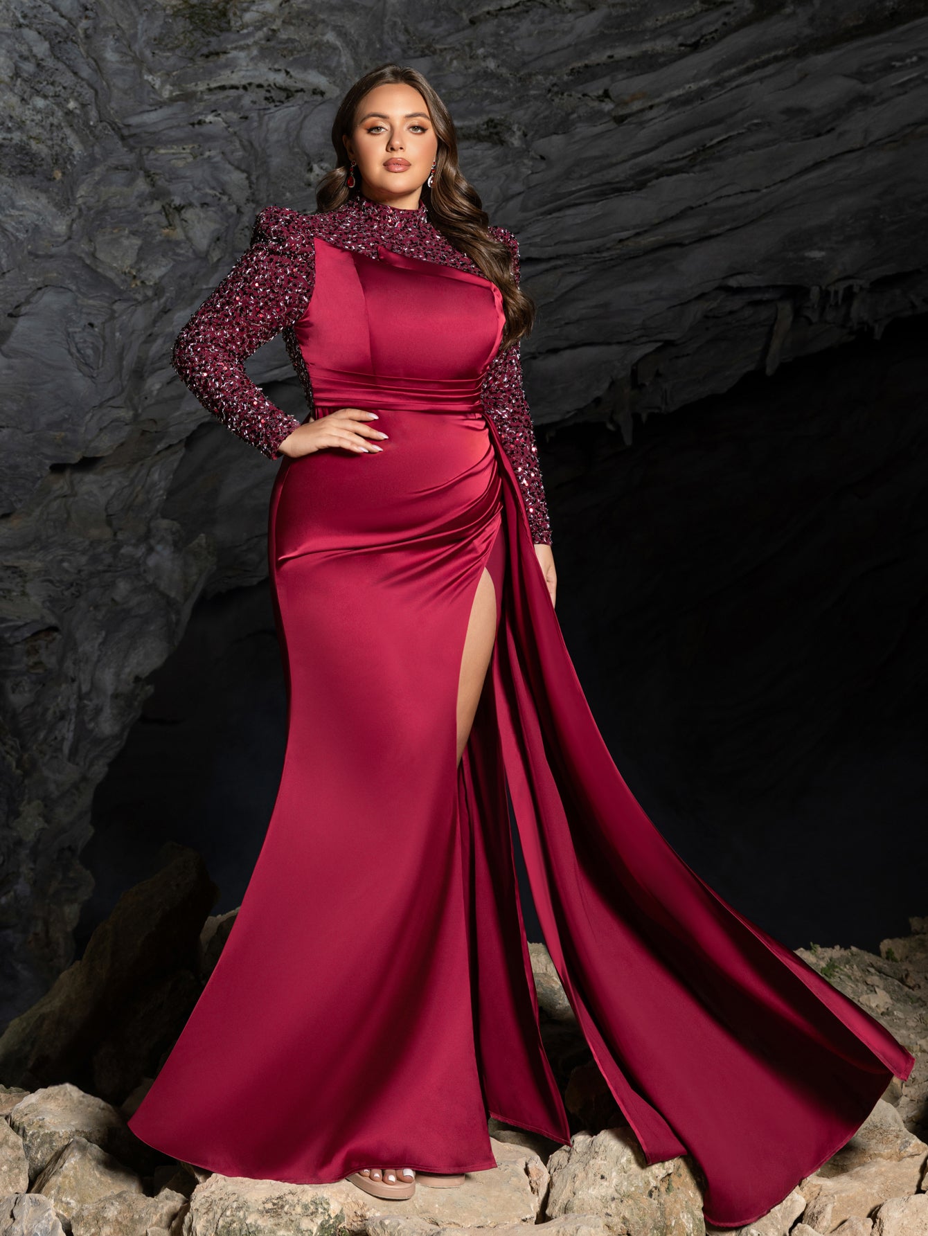 Plus High Neck Beaded Long Sleeve Gown | Side Slit & Mermaid Silhouette