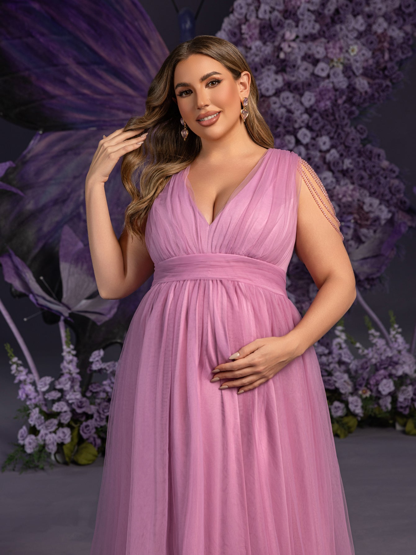 Plus Maternity Tulle Evening Gowns with Sheer Cap Sleeves & Chain Accents – Elegant 1XL-5XL Pregnancy Dresses for Photoshoots & Special Events
