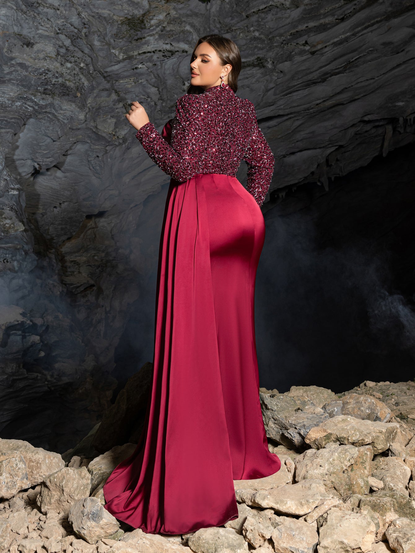 Plus High Neck Beaded Long Sleeve Gown | Side Slit & Mermaid Silhouette