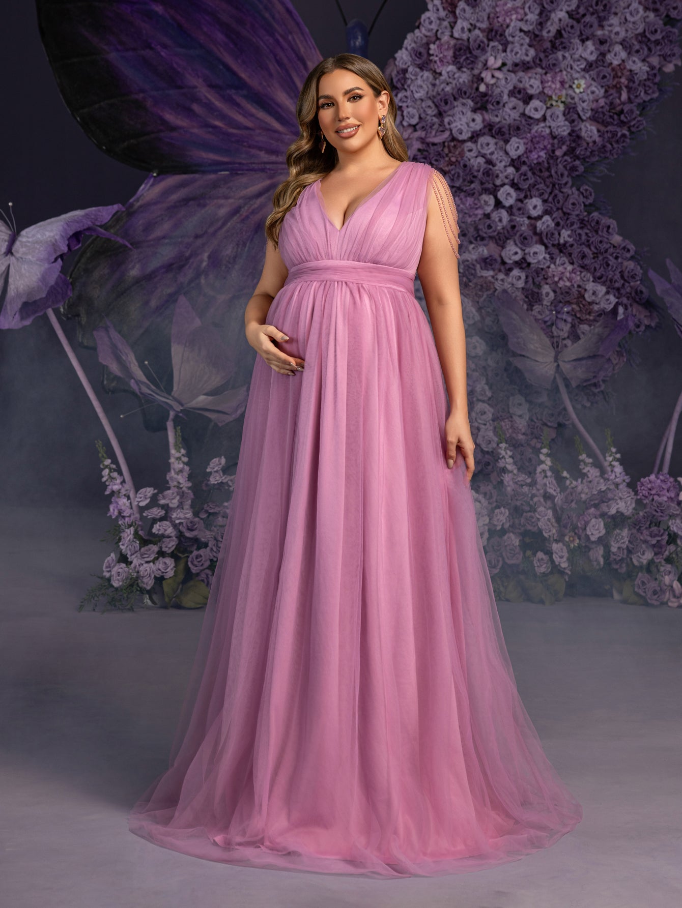 Plus Maternity Tulle Evening Gowns with Sheer Cap Sleeves & Chain Accents – Elegant 1XL-5XL Pregnancy Dresses for Photoshoots & Special Events