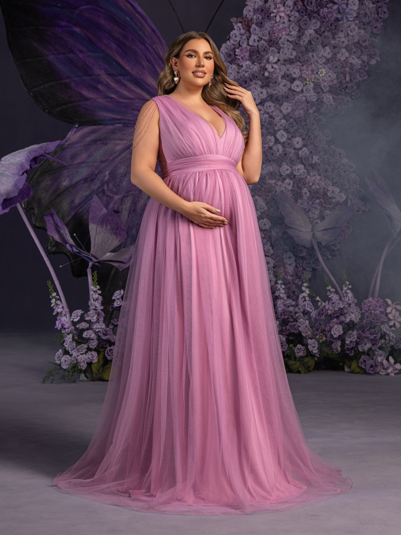 Plus Maternity Tulle Evening Gowns with Sheer Cap Sleeves & Chain Accents – Elegant 1XL-5XL Pregnancy Dresses for Photoshoots & Special Events