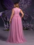 Plus Maternity Tulle Evening Gowns with Sheer Cap Sleeves & Chain Accents – Elegant 1XL-5XL Pregnancy Dresses for Photoshoots & Special Events