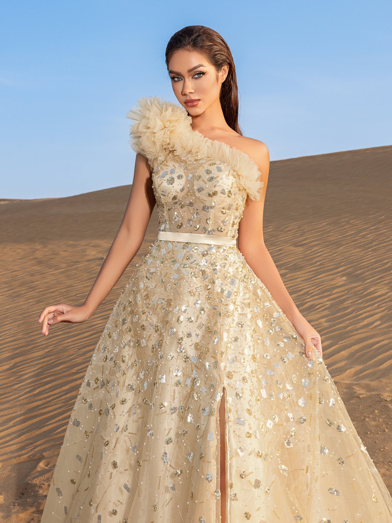 Luxury Gorgeous Ruffle Trim One Shoulder Beaded Sequin Formal Dress Elonnashop Luxury Gorgeous Ruffle Trim One Shoulder Beaded Sequin Formal Dress Elonnashop