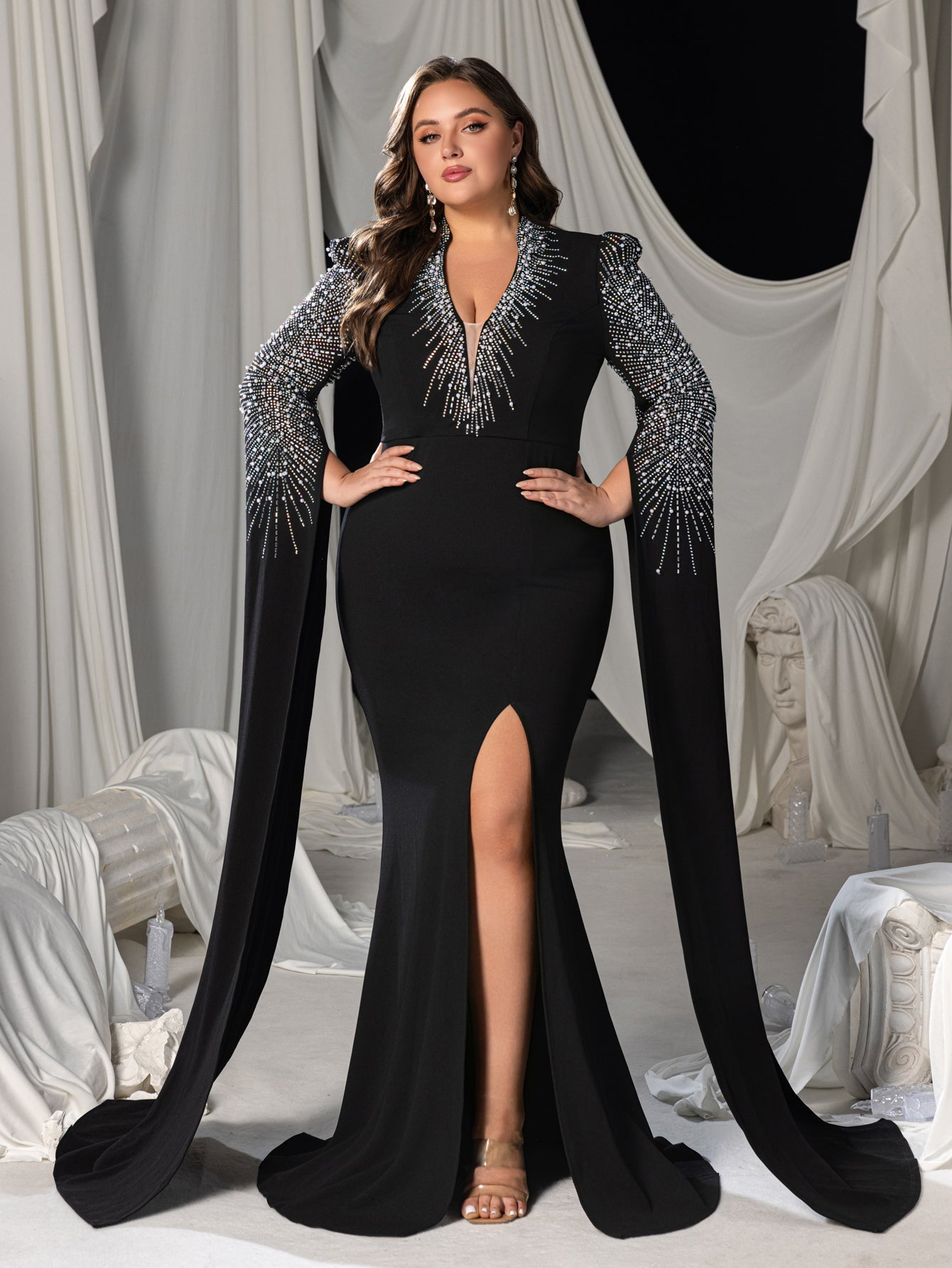 Plus Deep V-Neck Mermaid Gown with Cape Sleeves, Rhinestones & High Slit