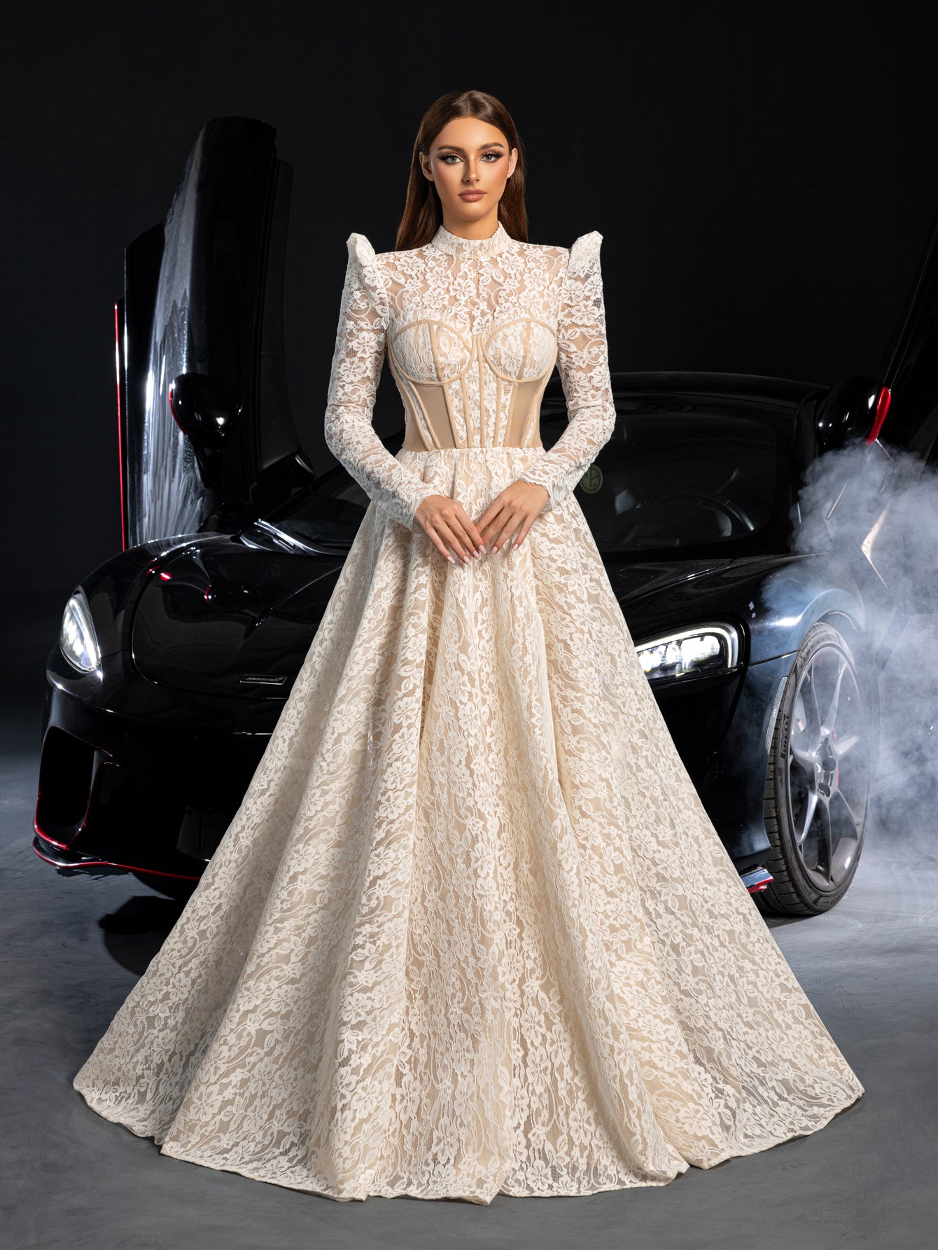 Gorgeous Mock Neck Long Sleeves Ball Hem Lace Wedding Dress White / S Gorgeous Mock Neck Long Sleeves Ball Hem Lace Wedding Dress White / S