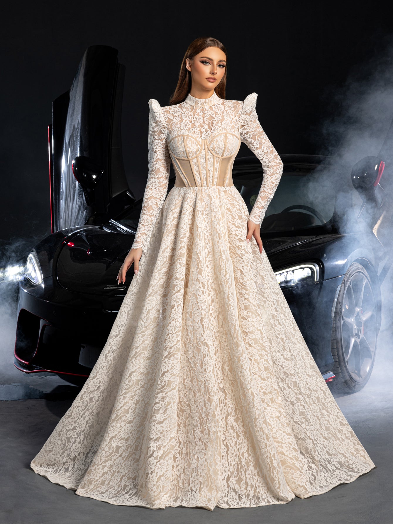 Gorgeous Mock Neck Long Sleeves Ball Hem Lace Wedding Dress White / S Gorgeous Mock Neck Long Sleeves Ball Hem Lace Wedding Dress White / S