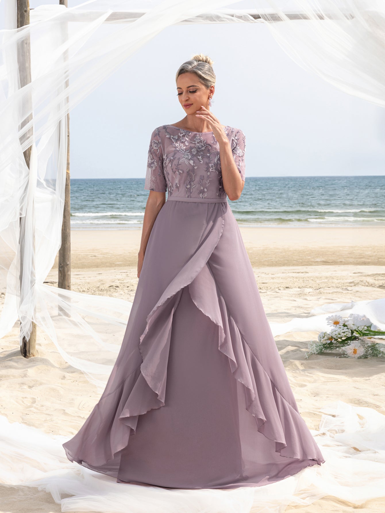 Womens' Chiffon Floor-Length Evening Gown with Short Sleeves & Floral Elonnashop Womens' Chiffon Floor-Length Evening Gown with Short Sleeves & Floral Elonnashop