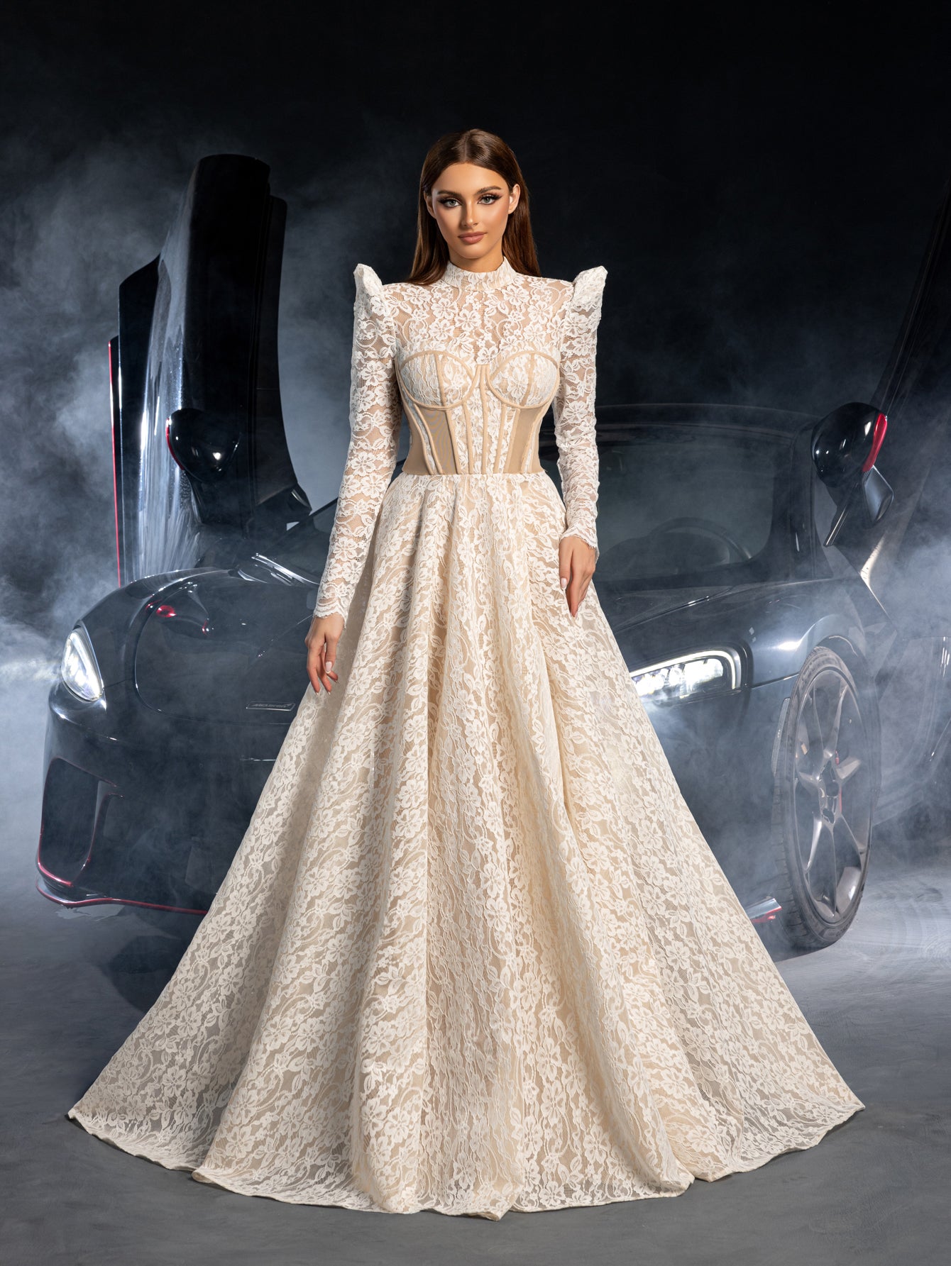 Gorgeous Mock Neck Long Sleeves Ball Hem Lace Wedding Dress