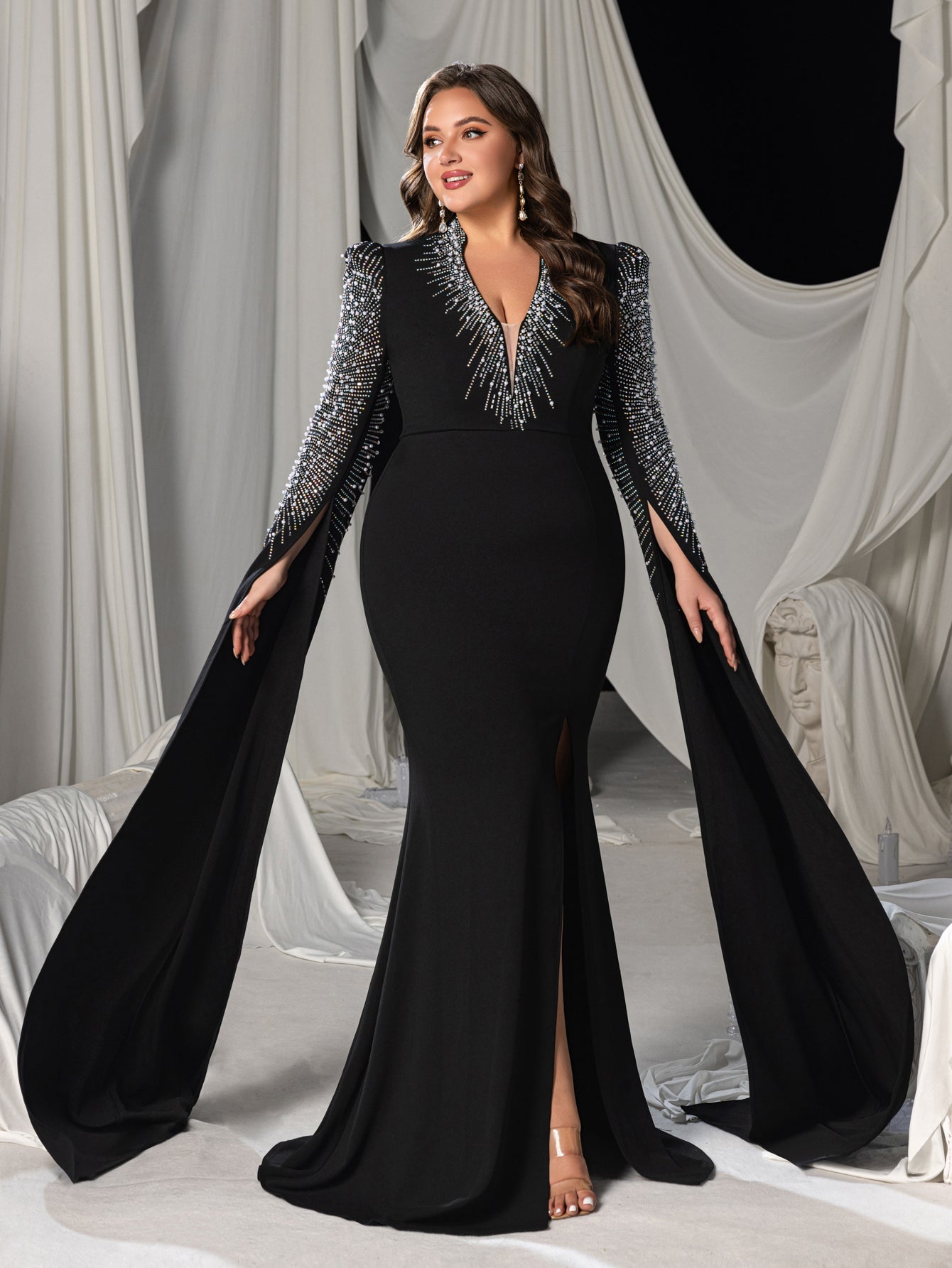 Plus Deep V-Neck Mermaid Gown with Cape Sleeves, Rhinestones & High Slit