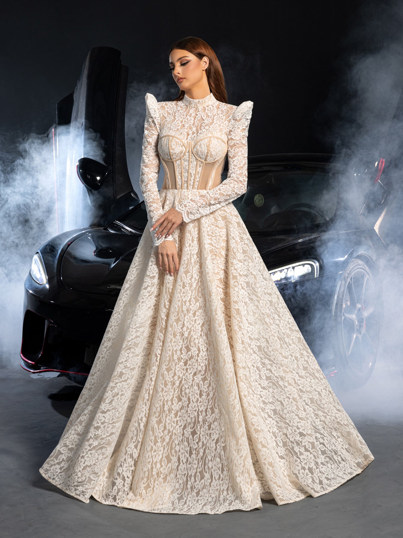 Gorgeous Mock Neck Long Sleeves Ball Hem Lace Wedding Dress