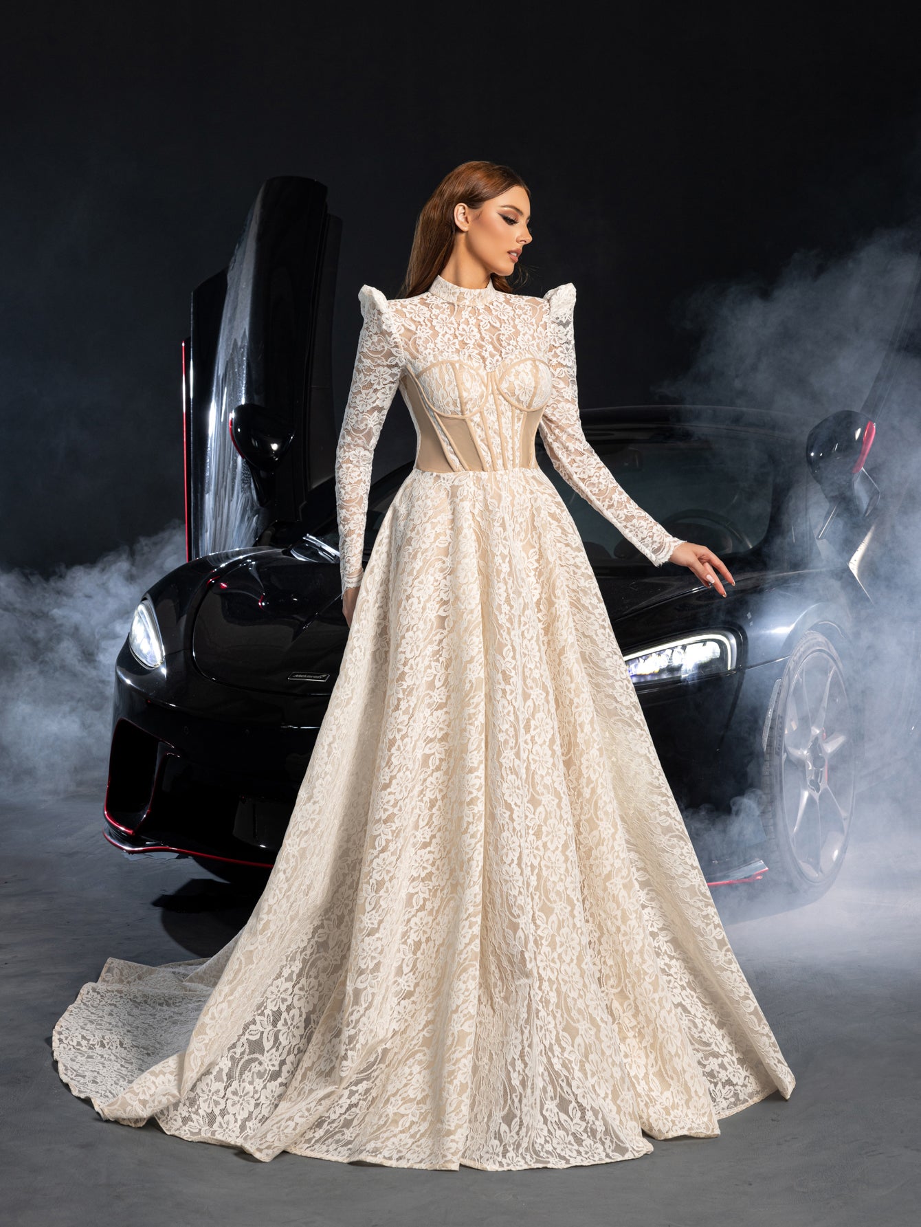 Gorgeous Mock Neck Long Sleeves Ball Hem Lace Wedding Dress