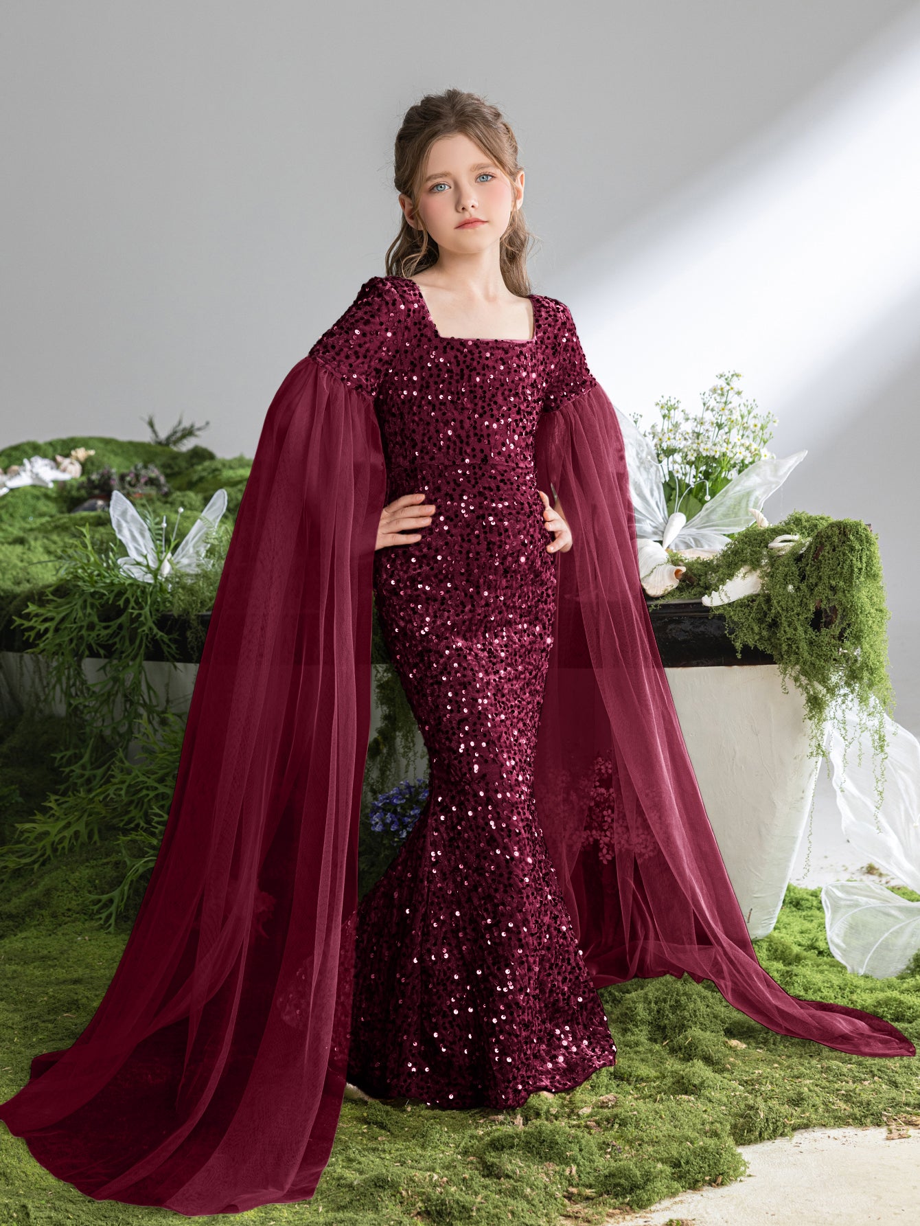 Tween Girls' Square Collar Cloak Sleeves Sequin Mermaid Dress