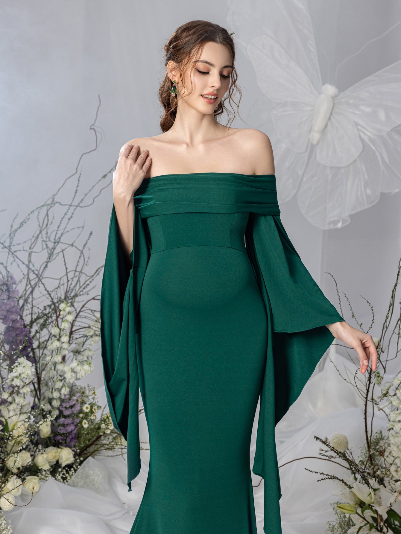 Maternity Off Shoulder Flared Sleeves Mermaid Hem Evening Dress