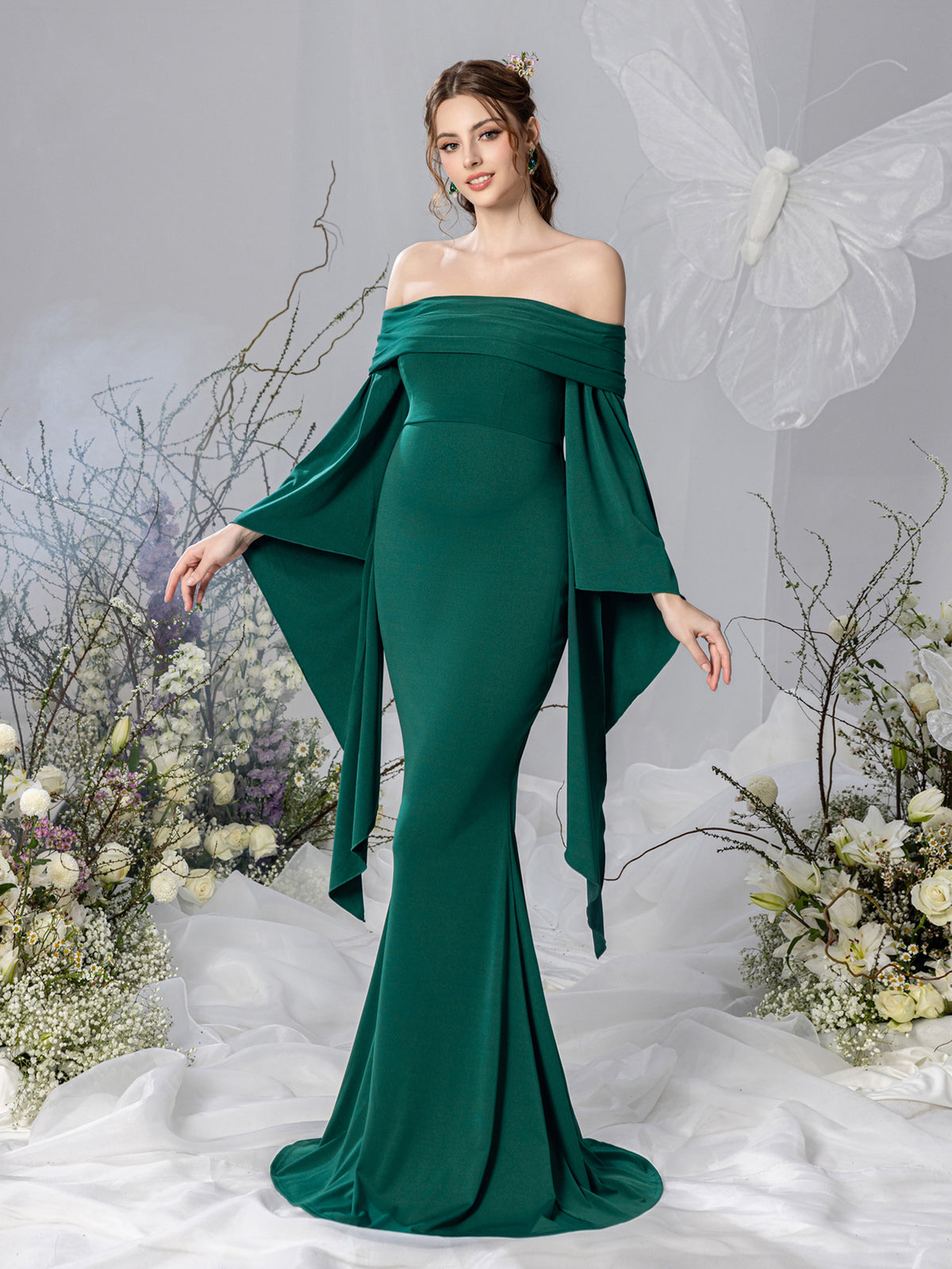 Maternity Off Shoulder Flared Sleeves Mermaid Hem Evening Dress