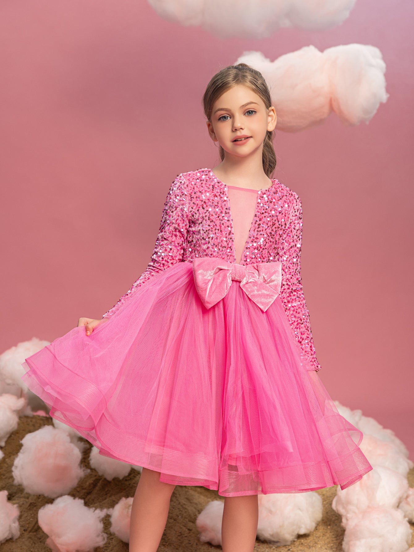 Tween Girls' Cute Bow Front Long Sleeve Party Dress Elonnashop Tween Girls' Cute Bow Front Long Sleeve Party Dress Elonnashop