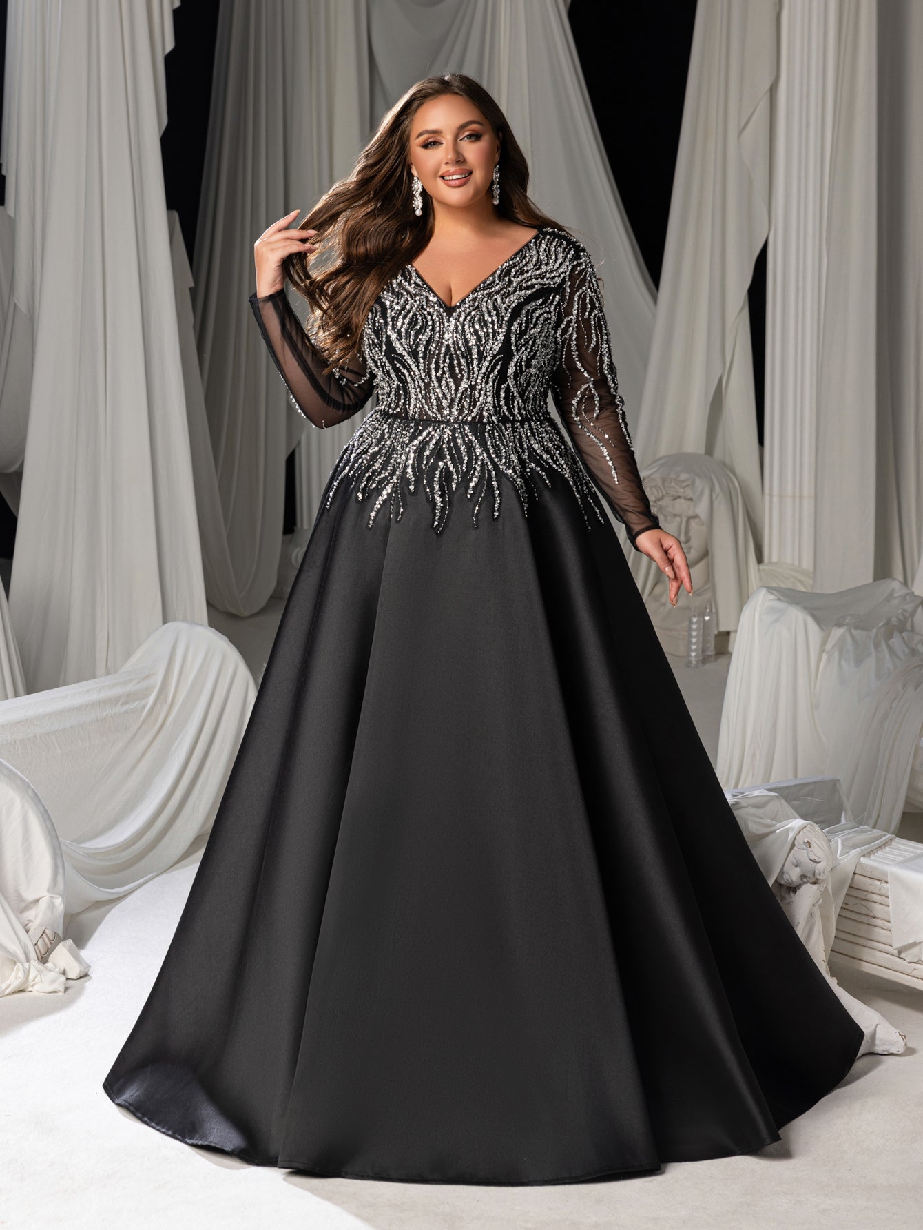 Plus Size Deep V-Neck Sequin Illusion Evening Gown - Satin Formal Dre Elonnashop Plus Size Deep V-Neck Sequin Illusion Evening Gown - Satin Formal Dre Elonnashop