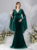 Maternity Surplice Neck Flared Sleeves Mermaid Hem Velvet Evening Dress