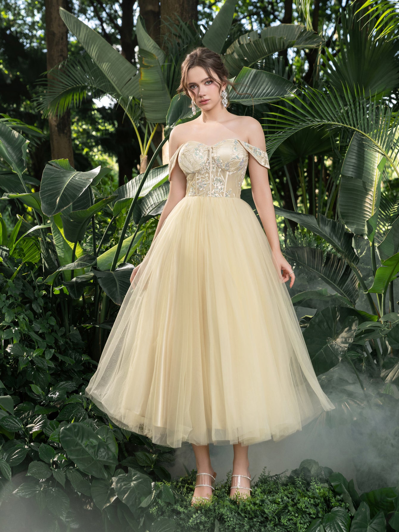 Midi Luxurious Off-Shoulder Gown with Intricate Sequin & Tiered Tulle Elonnashop Midi Luxurious Off-Shoulder Gown with Intricate Sequin & Tiered Tulle Elonnashop