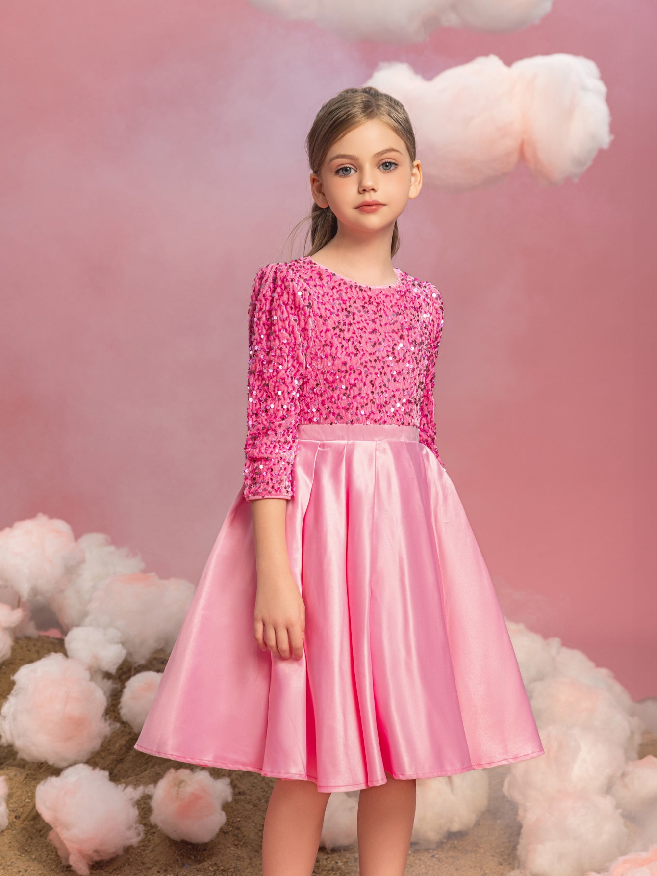 Tween Girls' 3/4 Sleeves Sequin Contrast Satin Party Dress