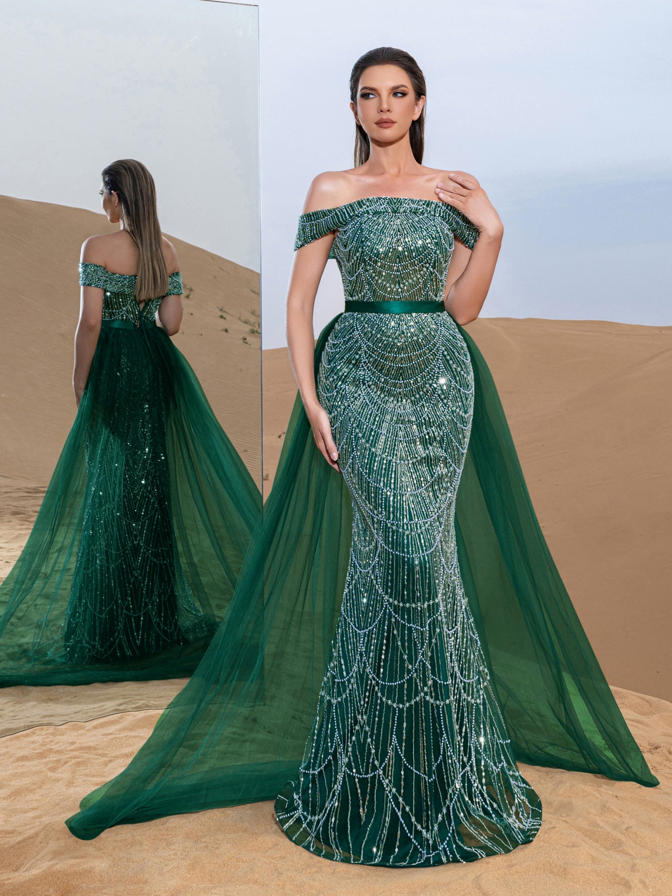 Luxury Off Shoulder Tulle Overlay Mermaid Hem Beaded Seuqin Evening Dress