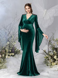 Maternity Surplice Neck Flared Sleeves Mermaid Hem Velvet Evening Dress