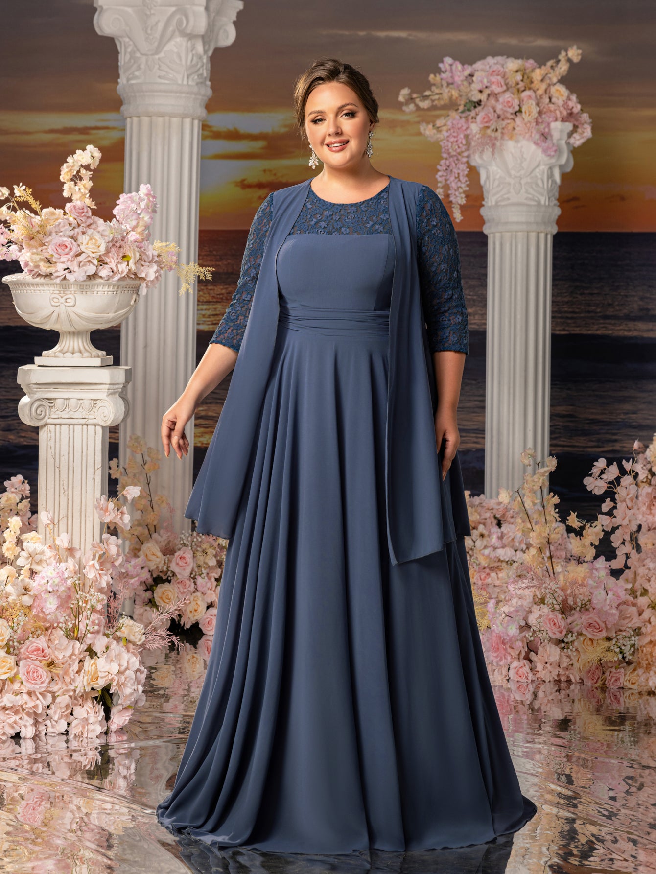 Plus Womens' Lace & Chiffon Mother-of-the-Bride Dress: Flowing Beach Elonnashop Plus Womens' Lace & Chiffon Mother-of-the-Bride Dress: Flowing Beach Elonnashop