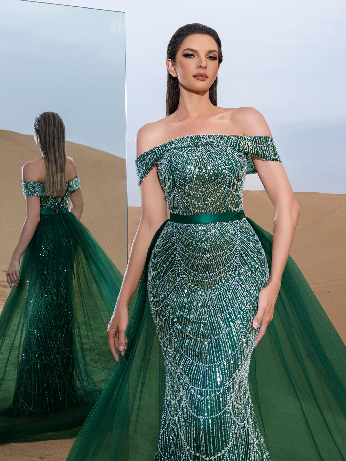 Luxury Off Shoulder Tulle Overlay Mermaid Hem Beaded Seuqin Evening Dress