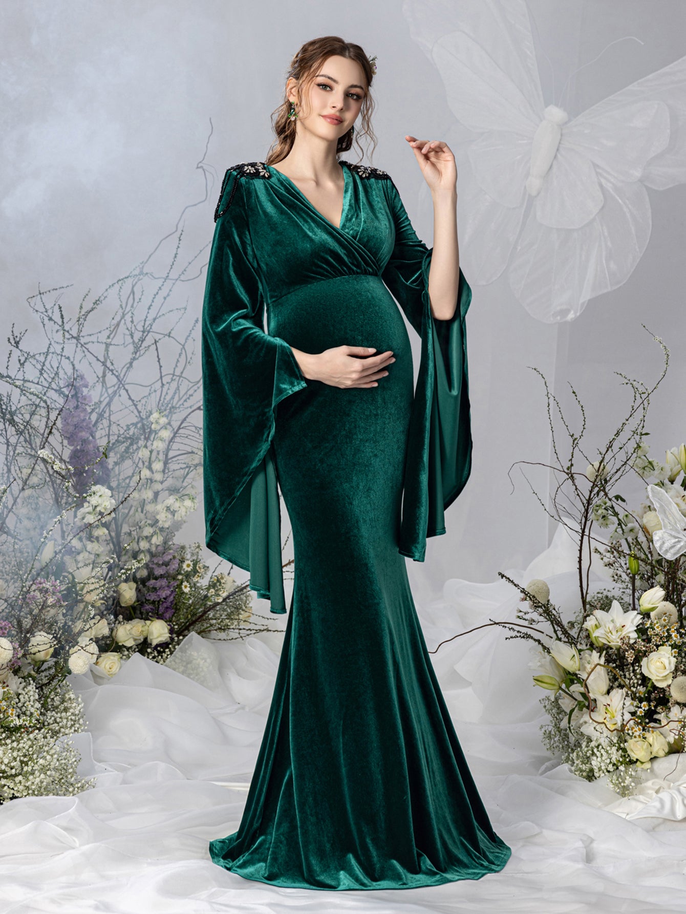 Maternity Surplice Neck Flared Sleeves Mermaid Hem Velvet Evening Dress