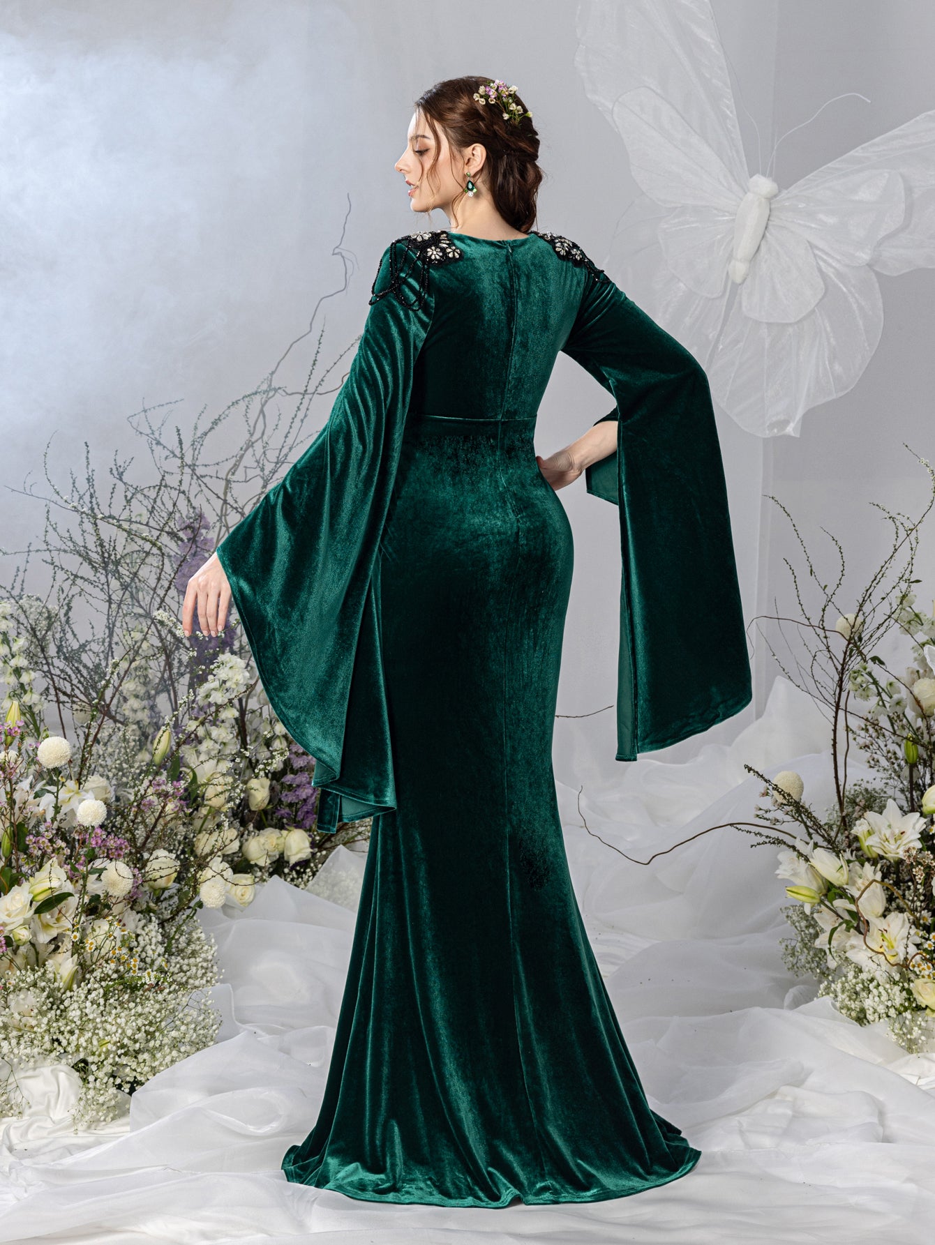 Maternity Surplice Neck Flared Sleeves Mermaid Hem Velvet Evening Dress