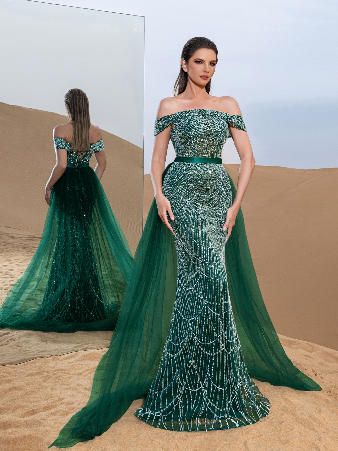 Luxury Off Shoulder Tulle Overlay Mermaid Hem Beaded Seuqin Evening Dress