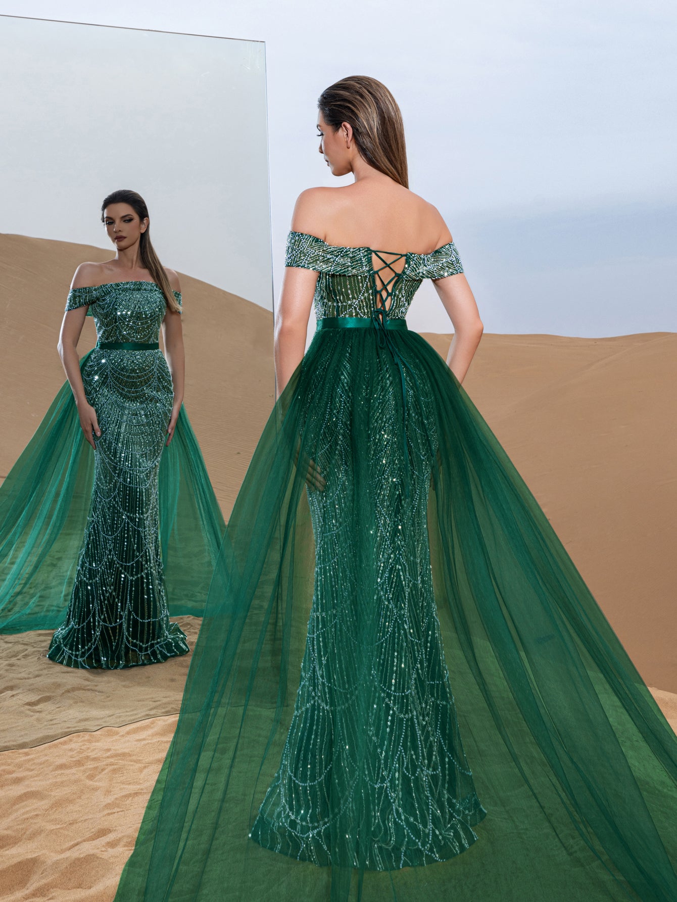 Luxury Off Shoulder Tulle Overlay Mermaid Hem Beaded Seuqin Evening Dress