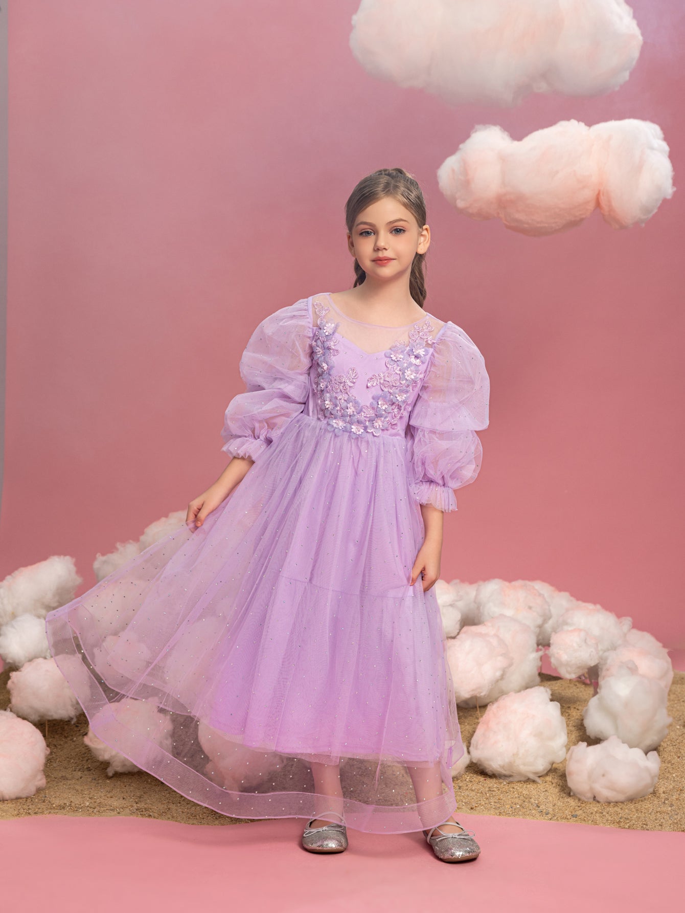 Tween Girls' Applique Detail Puff Sleeve Mesh Prom Dress