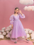 Tween Girls' Applique Detail Puff Sleeve Mesh Prom Dress