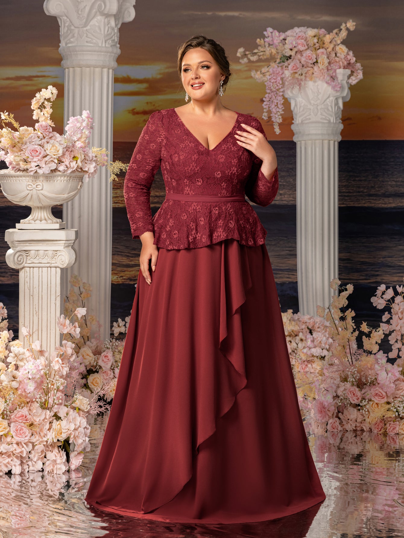 elegant mother of bride dresses Plus Womens' Elegant Mother-of-the-Bride Gown: Lace V-Neck with Chiff – Elonnashop