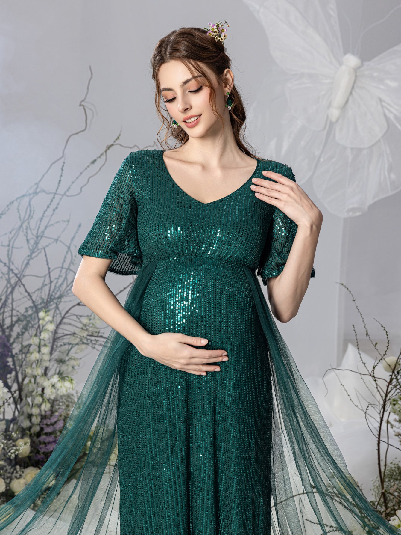 Maternity Mesh Overlay Puff Sleeves Sequin Prom Dress