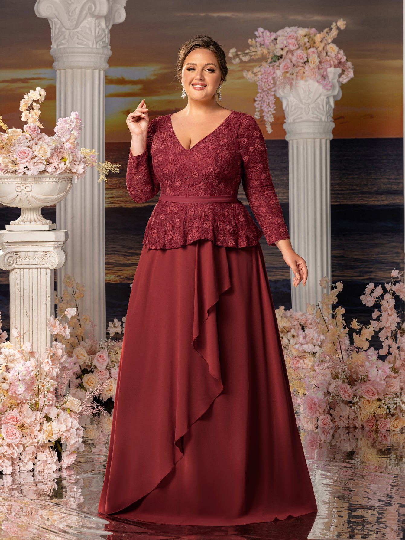 Plus Womens' Elegant Mother-of-the-Bride Gown: Lace V-Neck with Chiff Elonnashop Plus Womens' Elegant Mother-of-the-Bride Gown: Lace V-Neck with Chiff Elonnashop