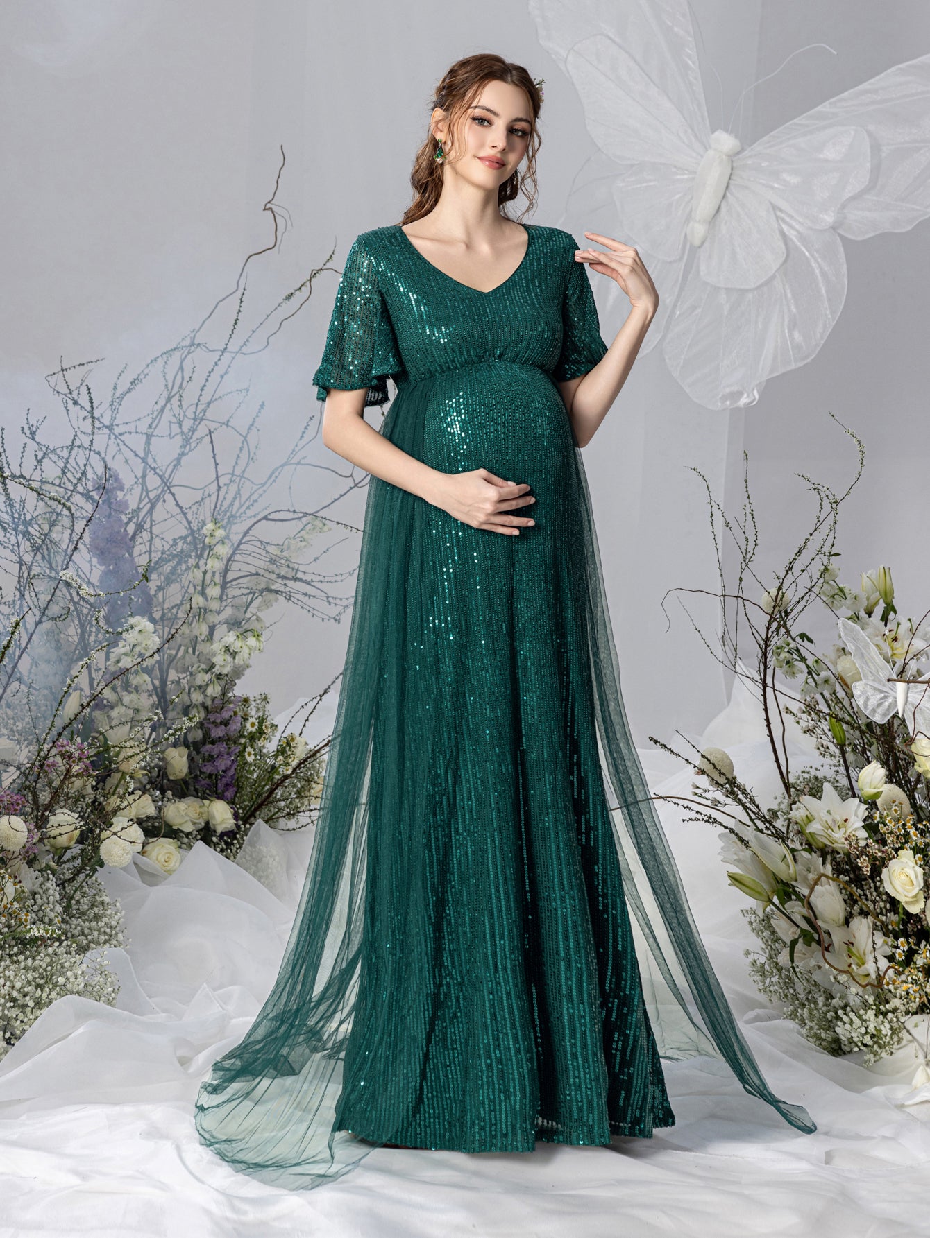Maternity Mesh Overlay Puff Sleeves Sequin Prom Dress Elonnashop Maternity Mesh Overlay Puff Sleeves Sequin Prom Dress Elonnashop