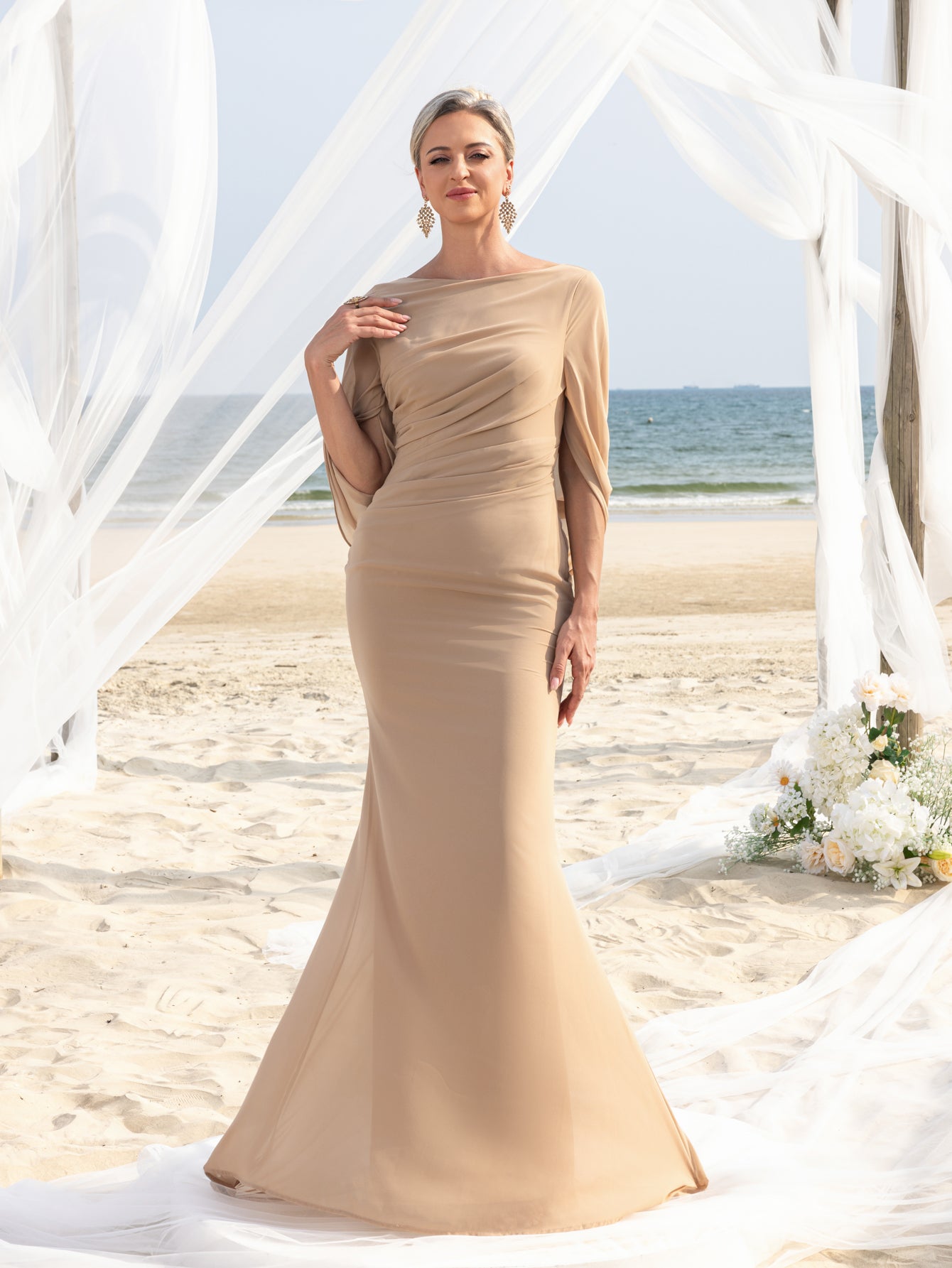 Womens' Draped Back Mermaid Hem Chiffon Formal Dress Champagne / M Womens' Draped Back Mermaid Hem Chiffon Formal Dress Champagne / M