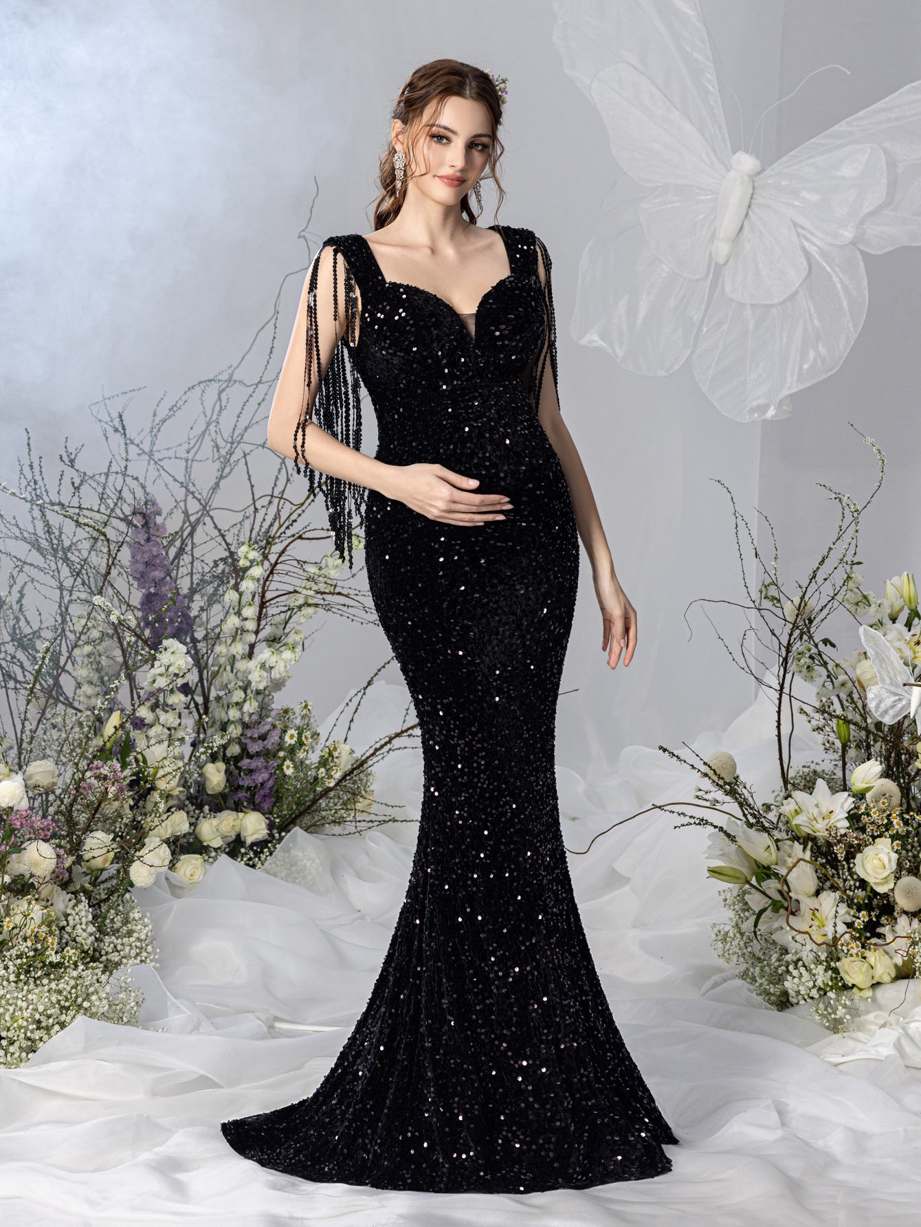 Maternity Sweetheart Neck Mermaid Hem Fringed Sequin Evening Dress