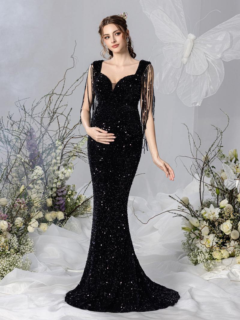 green emerald velvet dress Black Glitter Top Maternity Tulle Maxi Dress