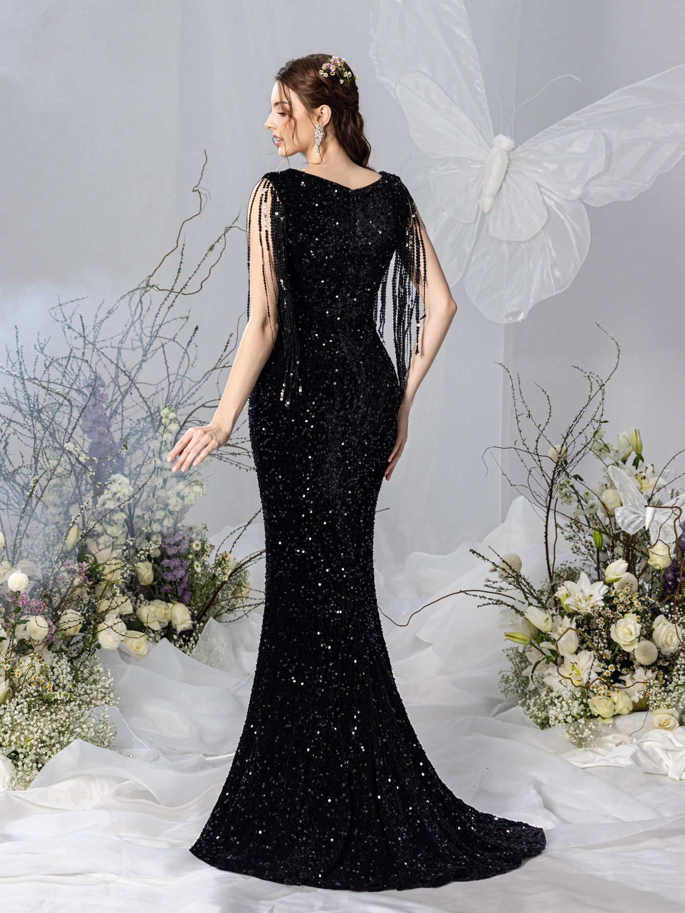 Maternity Sweetheart Neck Mermaid Hem Fringed Sequin Evening Dress